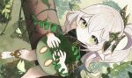  1girl branch elf forest genshin_impact green_eyes gwi_dong_nyang highres leaf looking_at_viewer nahida_(genshin_impact) nature pointy_ears side_ponytail sitting slime_(genshin_impact) smile symbol-shaped_pupils toeless_footwear tree white_hair 