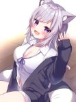  1girl :3 :d animal_ear_fluff animal_ears bangs black_jacket blush breasts button_gap cat_ears cat_girl cat_tail cleavage collared_shirt diagonal_bangs dress_shirt highres hololive jacket large_breasts looking_at_viewer nekomata_okayu no_pants open_clothes open_jacket partially_unbuttoned purple_eyes purple_hair shinonome_asu shirt short_hair sitting smile solo sparkling_eyes tail virtual_youtuber white_shirt 