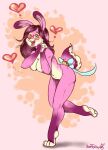  &lt;3 anthro duo featureless_crotch female fur gradient_fur hair hi_res lagomorph leaning leaning_forward leporid lips mammal navel open_mouth open_smile pink_body pink_ears pink_fur pink_hair pink_lips pink_tail pink_tongue purple_body purple_ears purple_fur purple_tail rabbit red_eyes red_nose signature simple_background smile tongue yaoifairy 