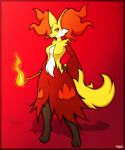  absurd_res anthro breasts delphox female hand_on_hip hi_res inner_ear_fluff looking_at_viewer mahoxy nintendo pok&eacute;mon pok&eacute;mon_(species) simple_background smile solo standing tuft video_games 