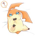  bandai_namco bed blue_eyes blush digimon digimon_(species) feral fur furniture lying on_back orange_body orange_fur patamon pikasuke slightly_chubby solo spread_legs spreading suggestive_pose 