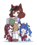  3girls ahoge animal_ears apron bangs black_hair blue_eyes blue_hair blue_shirt blush bow brown_apron brown_footwear brown_hair chibi colored_shadow commentary cooking_pot ear_bow frilled_skirt frills green_bow hair_between_eyes highres holding holding_stuffed_toy horse_ears horse_girl horse_tail jacket loafers long_sleeves looking_at_viewer multicolored_hair multiple_girls nice_nature_(umamusume) nozo_(hitomiz) open_mouth oven_mitts pants parted_lips pleated_skirt ponytail puffy_long_sleeves puffy_short_sleeves puffy_sleeves red_jacket red_pants school_uniform shadow sharp_teeth shirt shoes short_sleeves simple_background skirt sleeves_past_wrists smile standing streaked_hair stuffed_animal stuffed_bunny stuffed_toy tail tears teeth thighhighs tokai_teio_(umamusume) tracen_school_uniform track_jacket track_pants track_suit twin_turbo_(umamusume) twintails umamusume white_background white_hair white_skirt white_thighhighs 