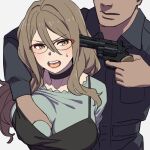  1boy 1girl absurdres black_choker breast_grab breasts brown_eyes brown_hair choker glasses grabbing green_shirt gun gun_to_head hair_between_eyes handgun highres holding holding_gun holding_weapon large_breasts long_hair looking_to_the_side lycoris_recoil nakahara_mizuki onsen_tamago_(hs_egg) open_mouth red-framed_eyewear revolver shirt sweatdrop tank_top uniform weapon white_background 