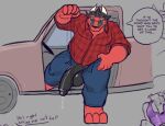  anthro arin_(daxhush) balls barefoot big_balls big_feet big_penis black_body black_penis bodily_fluids bottomwear car chiderg clothed clothing cum cum_drip daxhush denim denim_clothing dialogue dragon dripping feet genital_fluids genitals horn huge_balls huge_penis humanoid jeans looking_at_viewer male musclegut muscular muscular_male open_bottomwear open_clothing pants penis precum red_body scalie slightly_chubby solo solo_focus talking_to_viewer text thick_penis unbuttoned_pants unzipped unzipped_pants vehicle 