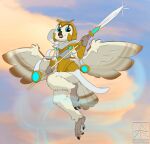  anthro antoreakk armor avian barn_owl bird blue_eyes derevi female flying gold_(metal) gold_armor hasbro hi_res magic:_the_gathering masked_owl melee_weapon owl polearm solo spear spread_wings talons tytonid weapon wings wizards_of_the_coast 