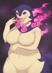  1girl :3 animal_ears blue_fur blurry blurry_background blush body_fur breasts commentary_request completely_nude english_commentary fangs fire furry furry_female groin half-closed_eyes hand_to_own_mouth hands_up happy highres hisuian_typhlosion huge_breasts looking_at_viewer mixed-language_commentary navel no_nipples nude open_mouth out-of-frame_censoring partial_commentary personification pink_eyes pink_fire plump pokemon pokemon_(creature) saliva saliva_trail shano_(shano_541) simple_background slit_pupils smile solo standing stomach tail tongue tongue_out two-tone_fur wide_hips yellow_fur 