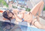  2girls bangs bare_legs bikini black_hair blue_eyes blue_ribbon blush boros_(ouro_kronii) bottle breasts brown_hair cleavage closed_mouth day eliskalti eyewear_on_head feather_hair_ornament feathers flower friend_(nanashi_mumei) hair_flower hair_intakes hair_ornament halterneck highres hololive hololive_english large_breasts long_hair lying multiple_girls nanashi_mumei navel on_side ouro_kronii outdoors palm_tree ponytail poolside reflection reflective_water ribbon sandals short_hair side-tie_bikini sitting stomach string_of_flags sunglasses swimsuit tree very_long_hair virtual_youtuber water white_bikini white_flower wrist_ribbon 