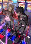  2boys arcade arms_behind_back black_footwear black_hair black_jacket black_pants blonde_hair blue_pants boku_no_hero_academia burn_scar chain clenched_teeth dabi_(boku_no_hero_academia) dance_dance_revolution feathered_wings feathers fingerless_gloves from_above gloves hawks_(boku_no_hero_academia) jacket jewelry kadeart messy_hair multiple_boys multiple_scars necklace pants red_feathers red_wings scar shirt short_hair sleeves_rolled_up spiked_hair stitches stretching teeth todoroki_touya white_footwear white_shirt wings 