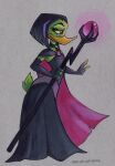  2018 anatid anseriform anthro artist_name avian beak bird caliosidhe cape clothed clothing disney dress duck ducktales ducktales_(2017) eyelashes feathers female full-length_portrait green_body green_feathers hair holding_object holding_staff magica_de_spell portrait simple_background solo staff standing 