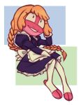  2022 2_toes amphibia_(series) amphibian anthro clothed clothing dashintrash disney feet female frog full-length_portrait hair leif_plantar maid_uniform orange_hair pink_body pink_skin portrait simple_background smile solo toes uniform 