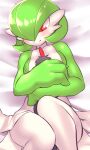 1boy 1girl bangs bed_sheet blush bob_cut breasts closed_mouth collarbone colored_skin commentary_request from_above gardevoir green_hair green_skin hair_over_one_eye happy hetero highres hug interspecies legs looking_at_another looking_down lying medium_breasts multicolored_skin on_back one_eye_covered pero_(pero7762) pokemon pokemon_(creature) shiny shiny_hair short_hair size_difference smile solo_focus split_mouth two-tone_skin white_skin wide_hips 