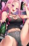  1girl bare_arms bare_legs bare_shoulders black_camisole blush breasts camisole can chair choker collarbone ear_piercing energy_drink fang fingernails forehead gaming_chair geshumaro gradient_hair gyaru hair_ribbon highres holding holding_can looking_at_viewer midriff mole mole_on_thigh multicolored_hair navel original panties panty_peek piercing pink_eyes pink_nails ribbon short_shorts shorts sidelocks sitting smile soda_can solo spread_legs underwear 