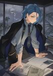  1boy absurdres bangs belt_chain blue_hair blush book book_stack cloud cloudy_sky desk ensemble_stars! frown highres himeru_(ensemble_stars!) jacket jacket_on_shoulders kimey lightning male_focus necktie newspaper office paper parted_bangs plant short_hair sky sleeves_rolled_up solo storm suspenders tie_clip v-shaped_eyebrows watch window wristwatch yellow_eyes 