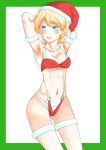  1girl abs armpits arms_behind_head arms_up bangs bikini blonde_hair blue_eyes border braid breasts christmas cleavage commentary cowboy_shot darjeeling_(girls_und_panzer) fur-trimmed_legwear fur_armlet fur_trim girls_und_panzer green_border halterneck hat highres layered_bikini looking_at_viewer medium_breasts navel o-ring o-ring_bikini open_mouth red_bikini red_headwear santa_bikini santa_hat short_hair smile solo standing swimsuit thighhighs twin_braids white_background white_bikini white_thighhighs zouni_(asahi_ruyoru) 