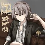  couch english_commentary english_text eyebrows_visible_through_hat gift girls&#039;_frontline girls&#039;_frontline_2:_exilium grey_hair happy_birthday jacket necktie necktie_removed sam_desu scar scar_across_eye shirt short_hair smile ump45_(girls&#039;_frontline) white_shirt yellow_eyes 