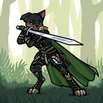  1:1 2022 anthro armor black_body black_fur brown_body brown_fur canid canine canis capcom cape clothing digital_media_(artwork) digitigrade domestic_dog fern fur fuzzled grass holding_object holding_weapon kudu_(kudu) male mammal melee_weapon monster_hunter outside pixel_(artwork) plant solo standing sword tree video_games weapon 