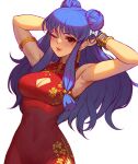  1girl armlet arms_behind_head bangs bare_shoulders bell blue_hair blush bow bracer breasts china_dress chinese_clothes cleavage cleavage_cutout clothing_cutout cowboy_shot double_bun dpin_(user_adhr8855) dress earrings hair_bell hair_bow hair_bun hair_ornament jewelry long_hair looking_at_viewer medium_breasts one_eye_closed puckered_lips ranma_1/2 red_dress red_eyes shampoo_(ranma_1/2) side_slit sidelocks solo white_background 