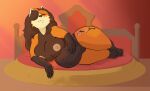  ailurid anthro big_breasts breasts brown_body brown_fur brown_hair eyes_closed female fur genitals giant_panda hair hi_res long_hair lying mammal multicolored_body multicolored_fur on_side orange_body orange_fur orange_hair petsoftthings_(artist) pregnant pussy red_panda relaxing smile solo tan_body tan_fur thick_thighs ursid yenne_craneleaf 