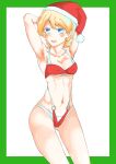  1girl abs arms_behind_head arms_up bangs bikini blonde_hair blue_eyes border braid christmas commentary cowboy_shot darjeeling_(girls_und_panzer) girls_und_panzer green_border halterneck hat highres layered_bikini looking_at_viewer o-ring o-ring_bikini open_mouth red_bikini red_headwear santa_bikini santa_hat short_hair smile solo standing swimsuit twin_braids white_background white_bikini zouni_(asahi_ruyoru) 