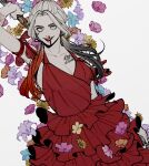  absurdres black_hair blonde_hair blood breasts cleavage dc_comics dress flower grey_eyes harley_quinn heart heart_tattoo highres lance lipstick makeup multicolored_hair nosebleed oimo_(oimkimn) polearm red_dress red_hair red_lips tattoo the_suicide_squad weapon 