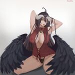  albedo_(overlord) armpits arms_up breasts cleavage cleavage_cutout clothing_cutout demon_girl denastria highres horns large_breasts long_hair nipple_slip nipples non-web_source open_mouth overlord_(maruyama) signature solo thighs underwear wings yellow_eyes 