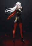  1girl black_background black_footwear black_jacket black_shorts e5nf8v edelgard_von_hresvelg fire_emblem fire_emblem:_three_houses floating_hair full_body garreg_mach_monastery_uniform gloves hair_ribbon high_heels highres jacket legwear_under_shorts long_hair long_sleeves pantyhose parted_lips profile purple_ribbon red_pantyhose ribbon short_shorts shorts solo standing very_long_hair white_gloves white_hair 