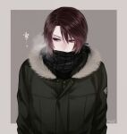  1boy artist_name black_scarf blue_eyes border breath brown_hair coat covered_mouth dated final_fantasy final_fantasy_viii fur_collar grey_background grey_coat hair_between_eyes hiryuu_(kana_h) looking_to_the_side male_focus scar scar_on_face scarf short_hair solo squall_leonhart upper_body winter_clothes winter_coat 