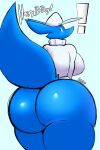  2019 anthro arthurclaws artist_name big_breasts big_butt big_tail blue_background blue_body blue_fur blush bottomless breasts butt canid canine cheek_tuft clothed clothing dot_eyes english_text exclamation_point eyelashes facial_tuft female flat_cap fox fur glistening glistening_butt happy_birthday hat headgear headwear hi_res kili_(kilinah) long_ears looking_back mammal rear_view simple_background sketch snout solo surprised_expression text thick_thighs tuft turtleneck 