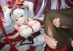  1girl absurdly_long_hair absurdres azur_lane between_breasts blue_eyes blurry blurry_foreground bound bound_wrists breasts brown_pantyhose cleavage detached_sleeves dress ebichiri_sunday elbing_(azur_lane) elbing_(the_throne_of_misfortune)_(azur_lane) feet_out_of_frame fine_fabric_emphasis frilled_hairband frills hairband heterochromia highres huge_breasts long_hair looking_at_viewer lying magic_circle official_alternate_costume on_back pantyhose red_eyes red_hairband solo strap_between_breasts torn_pantyhose very_long_hair white_dress 