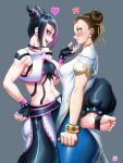  2girls anger_vein black_hair blue_pants blush bracelet breasts brown_hair chun-li cleavage collar double_bun eye_contact eyeshadow feet finalcake fingerless_gloves glaring gloves hair_bun hair_horns hair_ribbon han_juri hand_on_another&#039;s_chin heart highres jewelry large_breasts leg_lock licking_lips looking_at_another makeup multicolored_hair multiple_girls navel pants purple_hair purple_lips ribbon simple_background smile spiked_anklet spiked_bracelet spiked_collar spikes stomach streaked_hair street_fighter street_fighter_6 tight tight_pants toes toned tongue tongue_out underboob yuri 
