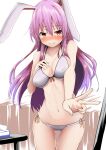  1girl absurdres animal_ears blush bra commentary commentary_request embarrassed highres kamunika long_hair navel panties purple_hair rabbit_ears rabbit_girl red_eyes reisen_udongein_inaba solo table tearing_up tissue_box touhou underwear v white_bra white_panties 
