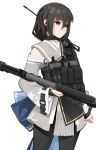  1girl absurdres bangs black_hair black_pantyhose bridal_gauntlets closed_mouth fringe_trim green_eyes grey_jacket gun hair_between_eyes highres holding holding_gun holding_weapon jacket long_hair long_sleeves looking_away original pantyhose simple_background solo standing vectorek weapon weapon_request white_background wide_sleeves 