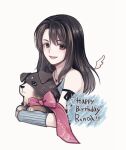  1girl 1other angelo_(ff8) animal arm_ribbon arm_warmers bangs bare_shoulders black_hair black_ribbon blue_cardigan bow brown_eyes brown_hair cardigan character_name dog final_fantasy final_fantasy_viii hair_between_eyes happy_birthday hiryuu_(kana_h) holding holding_animal holding_dog jewelry long_hair looking_at_viewer mini_wings multicolored_hair necklace open_mouth pink_bow ribbon rinoa_heartilly smile streaked_hair upper_body white_background wings 