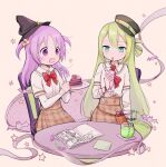  alina_gray biyokab cake cake_slice food green_hair magia_record:_mahou_shoujo_madoka_magica_gaiden magical_girl mahou_shoujo_madoka_magica misono_karin purple_hair sakae_general_school_uniform school_uniform 