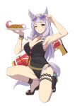  1girl adjusting_eyewear animal_ears arm_up bangs bare_shoulders between_breasts black_swimsuit blunt_bangs blush bracelet breasts cleavage covered_navel eyewear_on_head food full_body gold_ship_(run_revolt_launcher)_(umamusume) gold_ship_(umamusume) grey_hair grin groin hand_up highres holding holding_plate holster horse_ears horse_girl horse_tail jewelry large_breasts long_hair necklace octopus one-piece_swimsuit one_knee pink_eyes plate raised_eyebrow sandals simple_background smile solo strap_between_breasts sunglasses swimsuit tail thigh_holster umamusume vococo water_gun white_background 