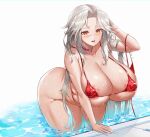  1girl areola_slip ass bare_shoulders bent_over bikini bottomless breasts choker collarbone covered_nipples grey_hair heart heart_choker huge_breasts last_origin long_hair looking_at_viewer parted_lips plump pool prototype_labiata red_bikini simple_background skindentation solo string_bikini swimsuit thick_thighs thighs wading water white_background wookyung yellow_eyes 
