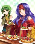  2girls :d akuru_(akr369akr) bangs bare_shoulders braid fire_emblem fire_emblem:_radiant_dawn fire_emblem:_the_blazing_blade food fruit gloves green_eyes green_hair headband holding holding_plate long_hair long_sleeves looking_at_viewer multiple_girls open_mouth plate purple_hair rebecca_(fire_emblem) red_headband robe sanaki_kirsch_altina smile twin_braids wide_sleeves yellow_eyes 