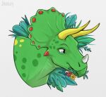  blue_eyes ceratopsian dinosaur feral flower flower_in_mouth green_spots horn jenery leaf male ornithischian plant red_spots reptile scalie simple_background solo spots triceratops watermark yellow_horn yellow_spots 