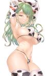  1girl absurdres animal_ears animal_print antlers armpits bangs blush braid braided_bangs branch breasts ceres_fauna cow_ears cow_girl cow_horns cow_print cowboy_shot flower green_hair hair_flower hair_ornament highres hololive hololive_english honkivampy horns huge_breasts long_hair looking_at_viewer mole mole_under_eye multicolored_hair navel single_braid smile solo swimsuit thick_thighs thighhighs thighs virtual_youtuber white_background yellow_eyes 