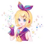  1girl :d bangs blonde_hair blue_eyes blush bow fingerless_gloves fymrie gloves hair_bow headphones holding holding_star kagamine_rin neckerchief open_mouth sailor_collar shirt short_hair sleeveless sleeveless_shirt smile solo sparkle star_(symbol) vocaloid vocaloid_(sour-type_ver) 