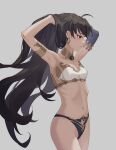  1girl absurdres ahoge armlet armpits black_hair black_panties bra breasts choker cleavage closed_mouth collarbone cowboy_shot earrings fate/grand_order fate_(series) floating_hair grey_background hands_in_hair highres ishtar_(fate) jewelry long_hair navel panties red_eyes shiny shiny_hair simple_background small_breasts solo standing strapless strapless_bra underwear very_long_hair white_bra yoruhare 