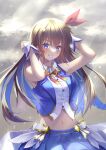  1girl absurdres bangs blue_eyes blue_hair blue_skirt blue_vest blush bow brown_hair chakuma_(yiyh1468) cloud cloudy_sky collared_shirt dress_shirt floating_hair grin hair_between_eyes hair_bow hair_ornament highres hololive long_hair looking_at_viewer midriff multicolored_hair navel open_clothes open_vest pleated_skirt red_bow shirt skirt sky sleeveless sleeveless_shirt smile solo star_(symbol) star_hair_ornament stomach sunlight tokino_sora two-tone_hair very_long_hair vest virtual_youtuber white_shirt wing_collar 