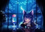  1girl animal_ears arms_on_table bangs black_hair black_shirt bright_pupils cat_ears cat_girl cherry closed_mouth cloud crescent_moon cup curtains drinking_glass expressionless food fruit head_rest ice ice_cream ice_cream_float ice_cube long_hair looking_at_viewer mariko_(leda) moon night original plant purple_eyes reflection reflective_table sailor_collar sailor_shirt shirt sleeve_cuffs solo star_(sky) star_(symbol) string_lights upper_body white_pupils 
