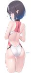  1girl ass bangs bare_shoulders black_hair blue_eyes blush closed_mouth competition_swimsuit cowboy_shot dan_(kumadan) elf from_behind highleg highres looking_at_viewer looking_back multicolored_hair one-piece_swimsuit original pointy_ears short_hair simple_background solo swimsuit thigh_gap white_background 