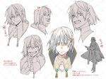  1boy alchemy_stars bangs cane closed_mouth concept_art cross_hair_ornament grey_hair grin hair_ornament hand_up kyouichi laughing looking_at_viewer male_focus matthieu_(alchemy_stars) multiple_views open_mouth partially_colored sharp_teeth short_sleeves smile teeth translation_request yellow_eyes 
