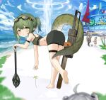  4girls ahoge arknights ass bangs bare_shoulders barefoot bent_over bike_shorts black_shorts blue_sky cloud commentary_request crocodilian_tail crop_top day gavial_(arknights) gavial_the_invincible_(arknights) goggles goggles_on_head green_eyes green_flower green_hair highres kuroshiroemaki multiple_girls outdoors pointy_ears ponytail short_shorts shorts sidelocks skindentation sky soles solo_focus standing standing_on_one_leg tail thigh_strap water 