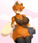  absurd_res anthro bottomless breasts clothed clothing female genitals hair hi_res koukysato legwear looking_at_viewer narrowed_eyes nintendo nipples orange_body orange_hair pawmi pok&eacute;mon pok&eacute;mon_(species) pok&eacute;morph pussy solo video_games 