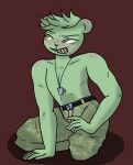  anthro blush clothed clothing flippy_(htf) flippyroll fur green_body green_fur hair happy_tree_friends humanoid male shirtless shirtless_anthro shirtless_male simple_background solo 