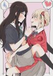  2girls black_hair blonde_hair bound bound_wrists chaba0145 closed_mouth ears_visible_through_hair from_side hair_ribbon heart highres inoue_takina lycoris_recoil multiple_girls nishikigi_chisato parted_lips purple_eyes red_eyes red_ribbon ribbon spoken_heart spoken_sweatdrop sweatdrop teeth tongue yuri 