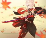  1boy autumn_leaves bandaged_hand bandages bangs black_shorts blurry blurry_background blurry_foreground bridal_gauntlets closed_mouth commentary depth_of_field genshin_impact grey_hair hakama hakama_shorts highres holding holding_sword holding_weapon japanese_clothes kaedehara_kazuha leaf long_sleeves looking_away maishtar_colo male_focus maple_leaf red_eyes shorts solo standing standing_on_one_leg sword weapon wide_sleeves 